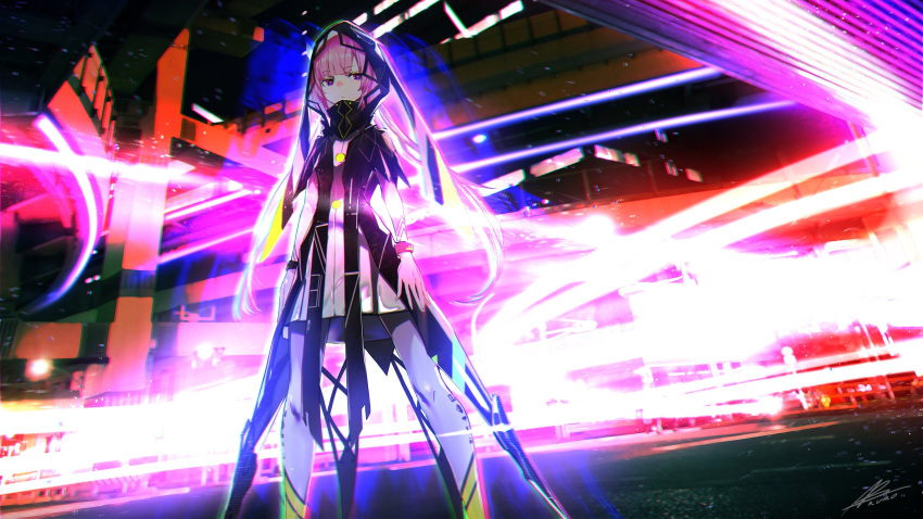 1girl afterimage afukuro building dress expressionless eyebrows_visible_through_hair feet_out_of_frame highres hood hood_up hooded_jacket jacket kaf_(kamitsubaki_studio) kamitsubaki_studio light_trail long_hair multicolored multicolored_eyes neon_lights outdoors pink_hair road signature solo street twintails virtual_youtuber wristband yellow_pupils