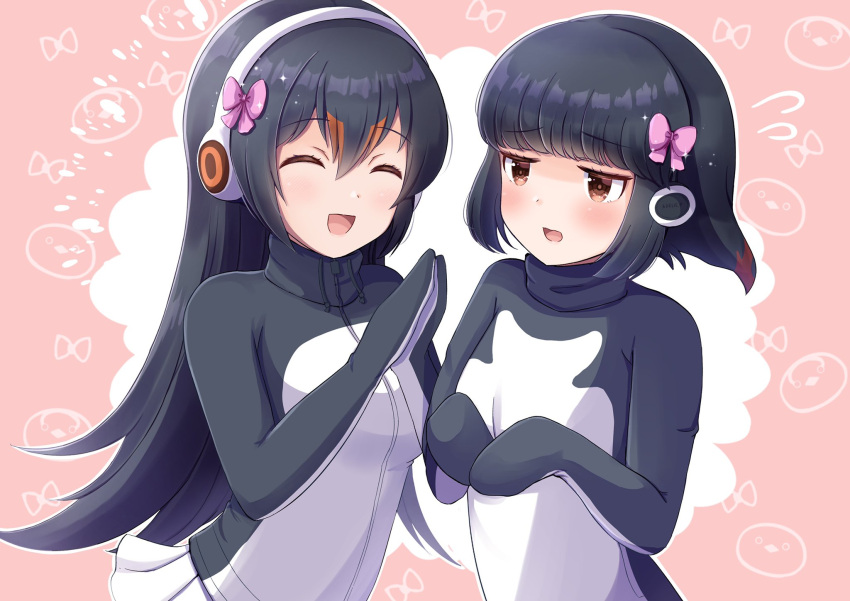 2girls adelie_penguin_(kemono_friends) black_hair black_hoodie blush bow closed_eyes commentary_request eyebrows_visible_through_hair gentoo_penguin_(kemono_friends) hair_bow hands_together headphones highres hood hoodie kemono_friends long_sleeves mittens multiple_girls orange_eyes p_imo01 penguin_girl pink_bow pleated_skirt short_hair skirt sparkle sweater turtleneck turtleneck_sweater two-tone_hoodie upper_body white_hoodie white_skirt