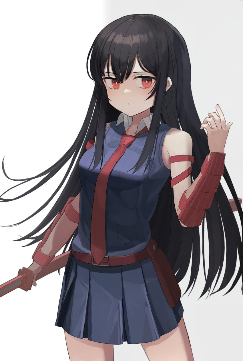 1girl absurdres akame akame_ga_kill! arm_ribbon arm_up bangs bare_shoulders belt black_hair blue_shirt blue_skirt breasts collar hair_between_eyes hand_up highres long_hair medium_breasts necktie no_hat no_headwear open_mouth red_belt red_eyes red_neckwear red_ribbon ribbon shirt simple_background skirt sleeveless solo standing sword ttoowa weapon white_background white_collar