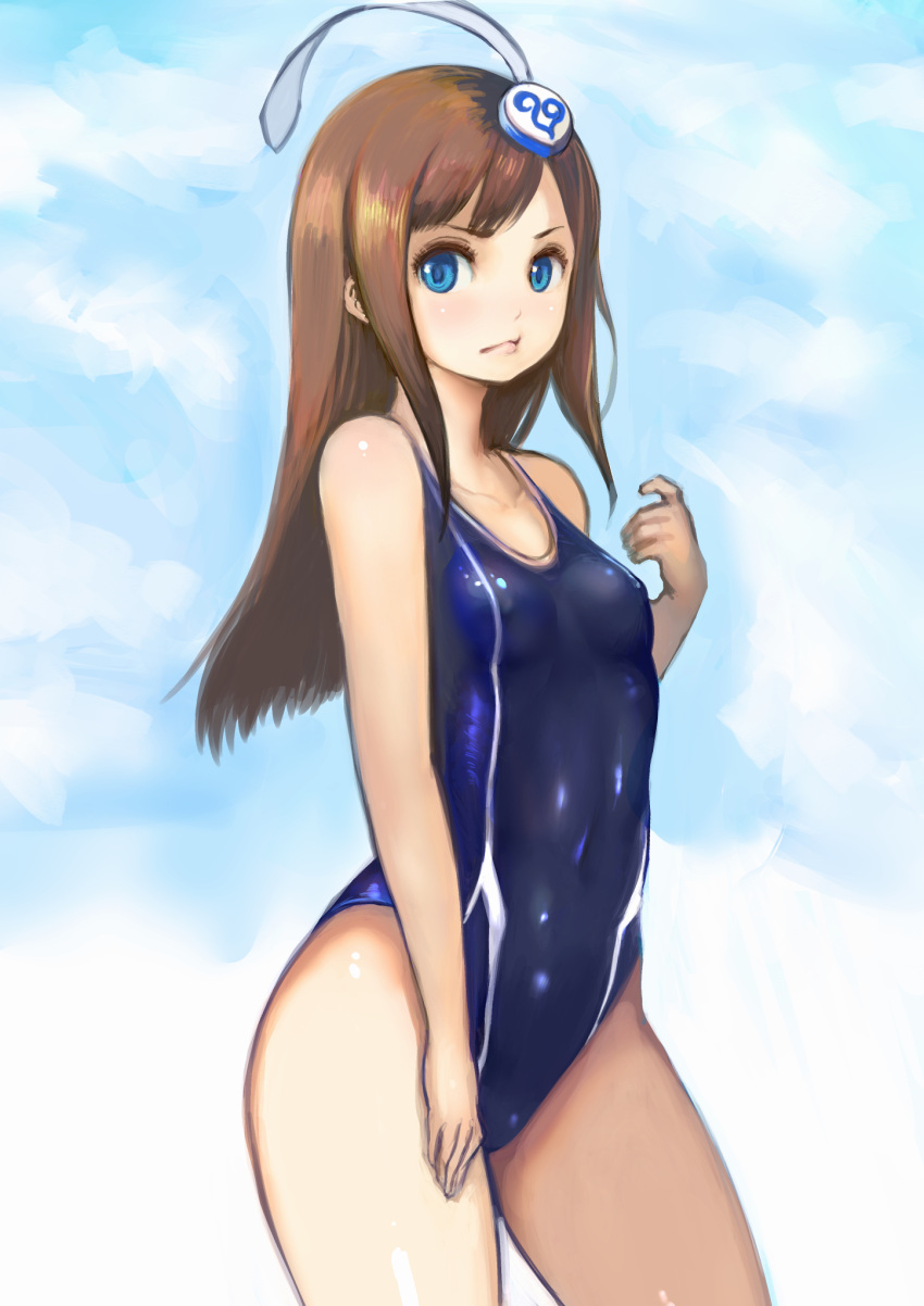 1girl bare_shoulders blue_eyes blue_sky breasts brown_hair closed_mouth clouds collarbone covered_navel covered_nipples cowboy_shot day facing_away hair_ornament hand_on_own_thigh hand_up highres johan_(johan13) long_hair lumia_waber outdoors phantasy_star phantasy_star_portable_2 sky small_breasts solo straight_hair thighs