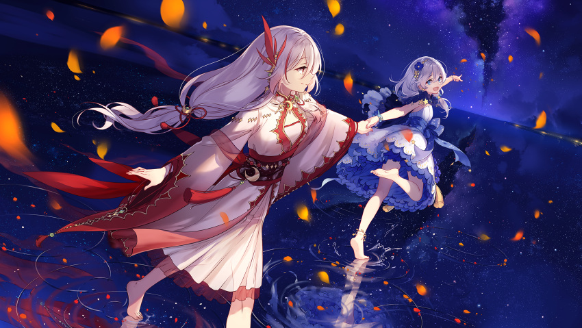 2girls bangs bare_shoulders barefoot benghuai_xueyuan blue_eyes chinese_clothes closed_mouth clouds cloudy_sky dress flower fu_hua fu_hua_(phoenix) full_body hair_between_eyes hair_flower hair_ornament highres honkai_(series) honkai_impact_3rd leg_up long_hair long_sleeves looking_at_another looking_to_the_side multicolored_hair multiple_girls night night_sky official_art open_mouth outdoors petals petals_on_liquid pointing red_eyes side_ponytail sky smile standing standing_on_one_leg streaked_hair theresa_apocalypse walking walking_on_liquid white_dress white_hair