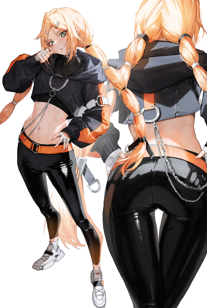 1girl absurdres belt black_pants black_survival blonde_hair blue_eyes chain crop_top fingerless_gloves gloves hair_ornament hairclip hand_on_hip head_tilt highres hood hood_down hoodie legs_apart long_hair long_sleeves looking_at_viewer midriff multi-tied_hair multiple_views navel nicky_blake o-ring pants shoes simple_background skin_tight socks standing thigh_gap thumb thumb_to_mouth toned tunamayo_(dsasd751) twintails very_long_hair white_background white_footwear white_gloves white_legwear