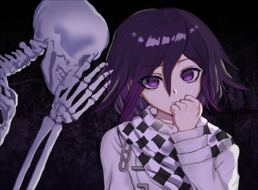 1boy bangs black_background black_hair chain checkered checkered_scarf clenched_hand commentary_request dangan_ronpa_(series) dangan_ronpa_v3:_killing_harmony from_side hair_between_eyes hand_up highres long_sleeves looking_at_viewer male_focus ouma_kokichi pale_skin purple_background purple_hair scarf shiny shiny_hair skeleton skull snow_finale solo straitjacket upper_body violet_eyes