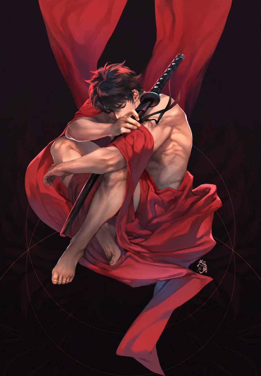 1boy absurdres artist_name bangs barefoot black_hair closed_eyes crossed_ankles elbow_on_knee hand_up highres holding holding_sword holding_weapon katana knees_up male_focus nose original realistic red_robe robe sheath sheathed shiyuu_(shiyu) short_hair signature sitting solo sword toned toned_male weapon
