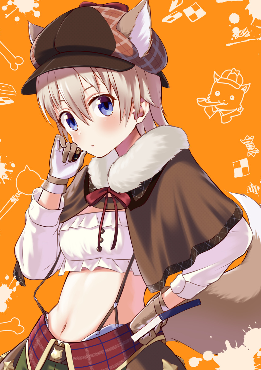 1girl absurdres animal_ears bangs black_headwear blue_eyes book brown_capelet brown_gloves capelet cereal_(cerealoekaki) closed_mouth commentary_request crop_top detective flat_cap frilled_shirt frills fur-trimmed_capelet fur_trim gakkou_gurashi! gloves green_skirt halloween halloween_costume hand_on_hip hand_on_own_cheek hand_on_own_face hat highres holding holding_book kirara_fantasia light_brown_hair light_frown long_hair looking_at_viewer midriff naoki_miki orange_background partial_commentary shirt short_hair skirt solo standing suspender_skirt suspenders tail white_shirt