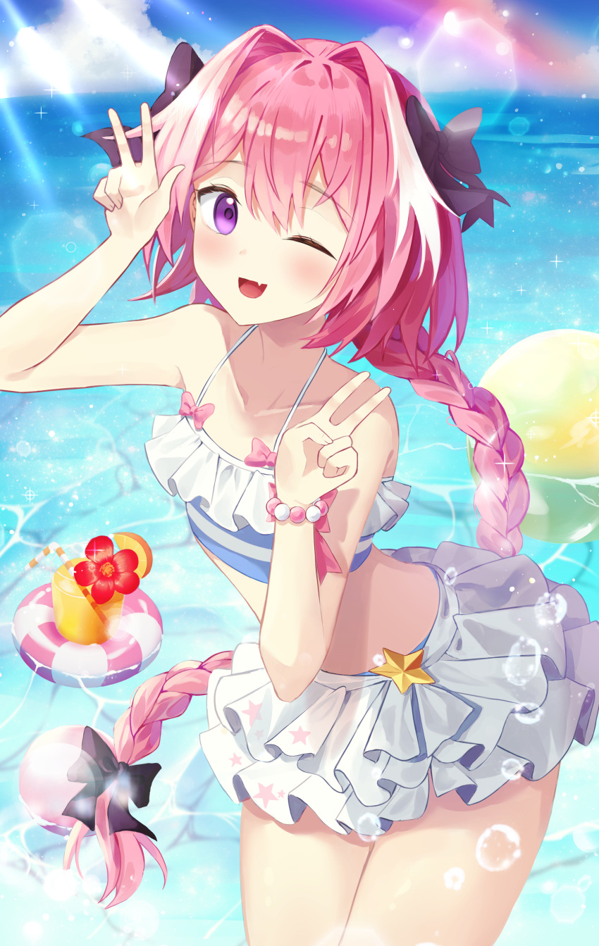 1boy absurdres astolfo_(fate) bangs bikini black_bow blush bow braid double_v eyebrows_visible_through_hair fang fate/apocrypha fate/grand_order fate_(series) frilled_bikini frills hair_intakes highres long_hair looking_at_viewer male_focus multicolored_hair one_eye_closed open_mouth otoko_no_ko pink_hair single_braid skin_fang smile solo swimsuit v violet_eyes yeoru