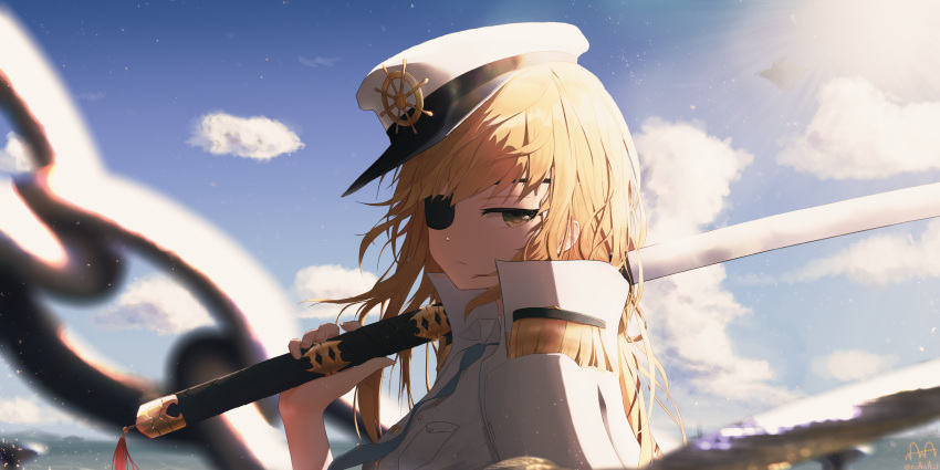 1girl :| absurdres aqua_neckwear bangs black_eyepatch blonde_hair blue_sky cape chain closed_mouth clouds eyepatch grand_admiral_marina green_eyes guardian_tales highres holding holding_weapon katana long_hair looking_at_viewer military military_uniform morning naval_uniform ranai sky solo swept_bangs sword uniform upper_body weapon