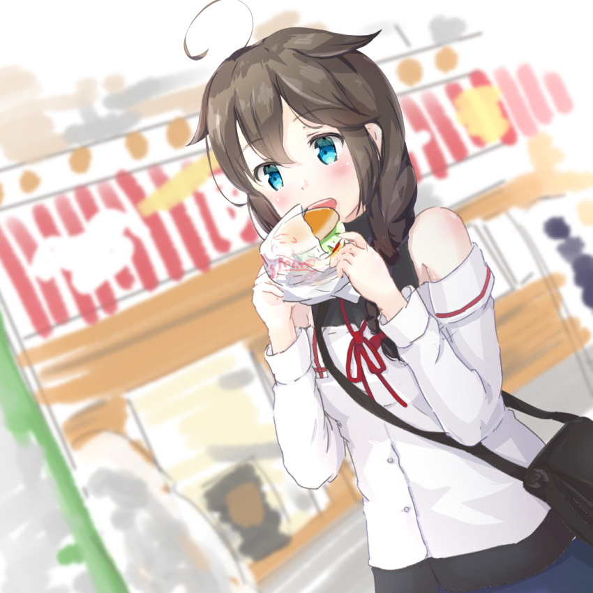 ahoge alternate_costume aruka bag bare_shoulders blue_eyes braid braided_ponytail brown_hair burger eating eyebrows_visible_through_hair food hair_flaps hair_over_shoulder kantai_collection long_hair long_sleeves off-shoulder_shirt off_shoulder official_alternate_costume open_mouth red_ribbon ribbon shigure_(kancolle) shirt sweater turtleneck turtleneck_sweater upper_body