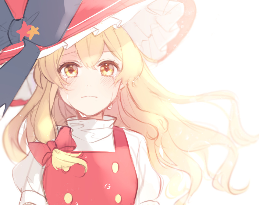 1girl bangs blonde_hair bow buttons closed_mouth crying crying_with_eyes_open dress grey_bow hair_between_eyes hair_bow hat highres jill_07km kirisame_marisa light long_hair looking_at_viewer puffy_short_sleeves puffy_sleeves red_bow red_dress shadow shirt short_sleeves simple_background solo star_(symbol) tears touhou white_background white_shirt white_sleeves witch_hat yellow_eyes