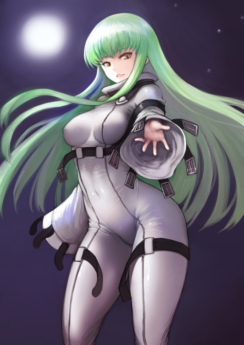 1girl bangs bodysuit breasts c.c. code_geass covered_navel covered_nipples floating_hair full_moon green_hair highres johan_(johan13) long_hair long_sleeves medium_breasts moon outdoors outstretched_arm sidelocks sky sleeves_past_fingers sleeves_past_wrists solo standing star_(sky) starry_sky straitjacket very_long_hair yellow_eyes