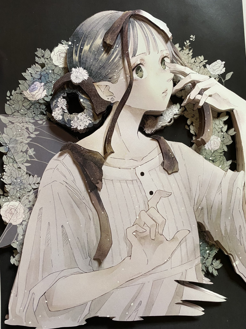 1girl black_background black_eyes brown_ribbon earrings flower grey_hair hands_up highres jewelry leaf long_sleeves original parted_lips photo_(medium) pointy_ears ribbon shadow shirt solo toaruocha unconventional_media upper_body white_flower white_shirt