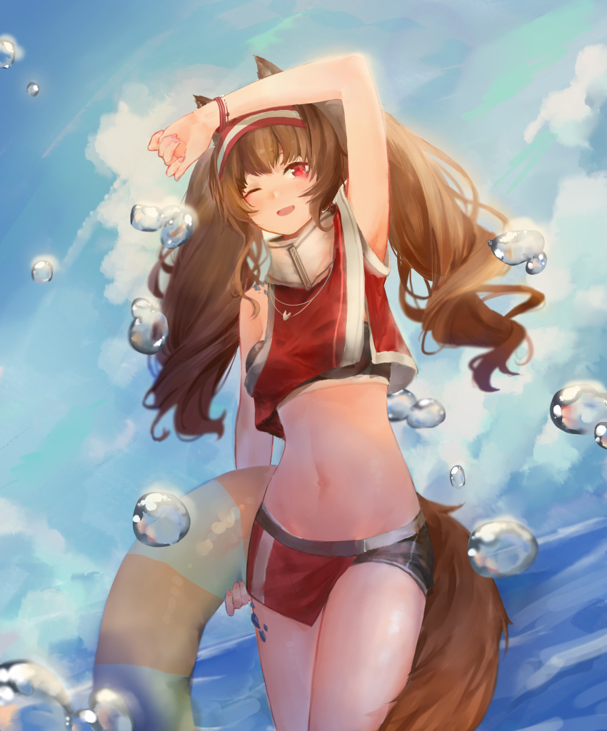 1girl ;d absurdres angelina_(arknights) animal_ears arknights arm_up armpits bangs bare_arms bare_shoulders blue_sky brown_hair cowboy_shot crop_top day fox_ears fox_tail hairband highres holding innertube long_hair looking_at_viewer midriff navel one_eye_closed open_mouth red_eyes red_hairband red_shirt rrrr_(user_rrrrr) shirt sky sleeveless sleeveless_shirt smile solo standing stomach tail thighs water_drop