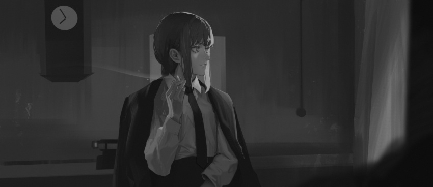 1girl absurdres analog_clock braid braided_ponytail breasts chainsaw_man cigarette clock closed_mouth coat coat_on_shoulders collared_shirt commentary eyelashes formal greyscale highres holding holding_cigarette indoors light_smile long_sleeves makima_(chainsaw_man) medium_hair monochrome necktie ringed_eyes rocher-hd shirt shirt_tucked_in sidelocks sitting small_breasts solo upper_body wing_collar