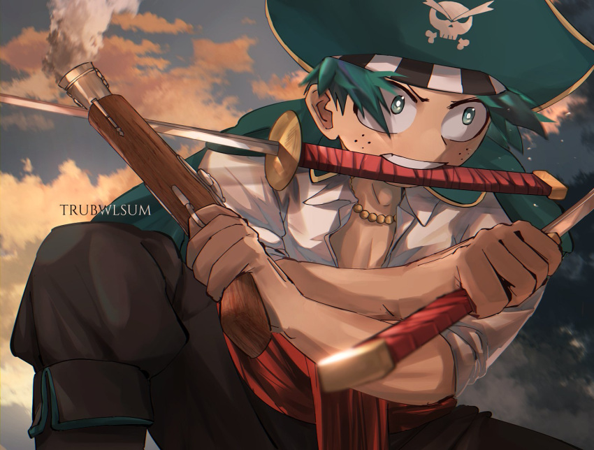 1boy bangs belt boku_no_hero_academia brown_pants clouds collarbone commentary cosplay_request day english_commentary freckles green_eyes green_hair green_jacket gun hat highres holding holding_gun holding_sword holding_weapon jacket jewelry male_focus midoriya_izuku mouth_hold necklace outdoors pants red_belt shirt skull_print sky solo sunset sword trubwlsum v-shaped_eyebrows weapon