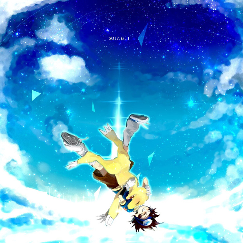 agumon bangs blue_shirt blue_theme brown_footwear brown_hair brown_shorts claws closed_eyes commentary_request dated day digimon digimon_(creature) digimon_adventure falling gloves goggles goggles_on_head happy hei_tai_(kyaputen1) highres open_mouth outdoors sharp_teeth shirt shoes shorts smile spiky_hair teeth white_gloves yagami_taichi