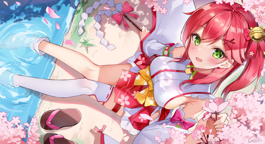 1girl :d bangs bell blush breasts detached_sleeves flower ginn_(hzh770121) green_eyes hair_bell hair_ornament hairclip highres holding holding_flower hololive looking_at_viewer looking_up open_mouth pink_hair sakura_miko shoes_removed side_ponytail single_sock single_thighhigh sitting smile socks solo thigh-highs virtual_youtuber