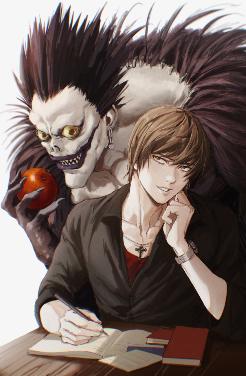 2boys absurdres apple black_hair book brown_eyes brown_hair death_note food fruit highres holding holding_food holding_fruit jacket jewelry male_focus multiple_boys necklace ryuk sharp_teeth shinigami smile table teeth thisuserisalive watch watch writing yagami_light