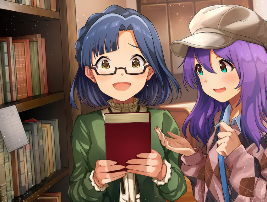 2girls :d aqua_eyes bangs beige_headwear blue_collar blue_hair blunt_bangs blush book bookshelf braid breasts collar collared_shirt couch crown_braid frilled_collar frills glasses green_jacket hanamasa_ono highres holding holding_book idolmaster idolmaster_million_live! idolmaster_million_live!_theater_days indoors jacket library long_hair long_sleeves looking_at_viewer medium_breasts mochizuki_anna multiple_girls nanao_yuriko open_mouth purple_hair shirt short_hair small_breasts smile sweater tears upper_body window yellow_eyes
