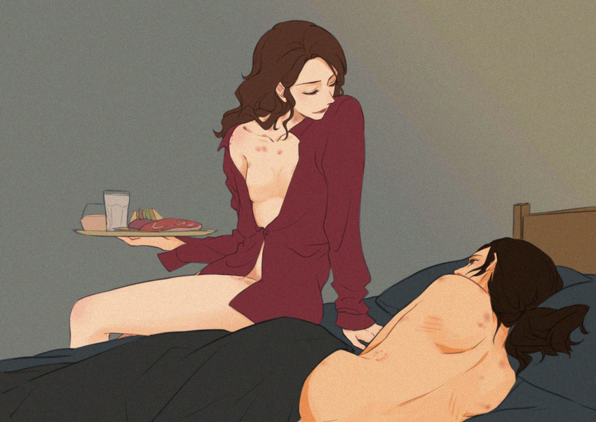 2girls bare_back bed bite_mark black_hair blanket breakfast brown_hair food highres lunorafc multiple_girls no_pants nude person_of_interest pillow root_(person_of_interest) sameen_shaw_(person_of_interest) scratches shirt tray yuri