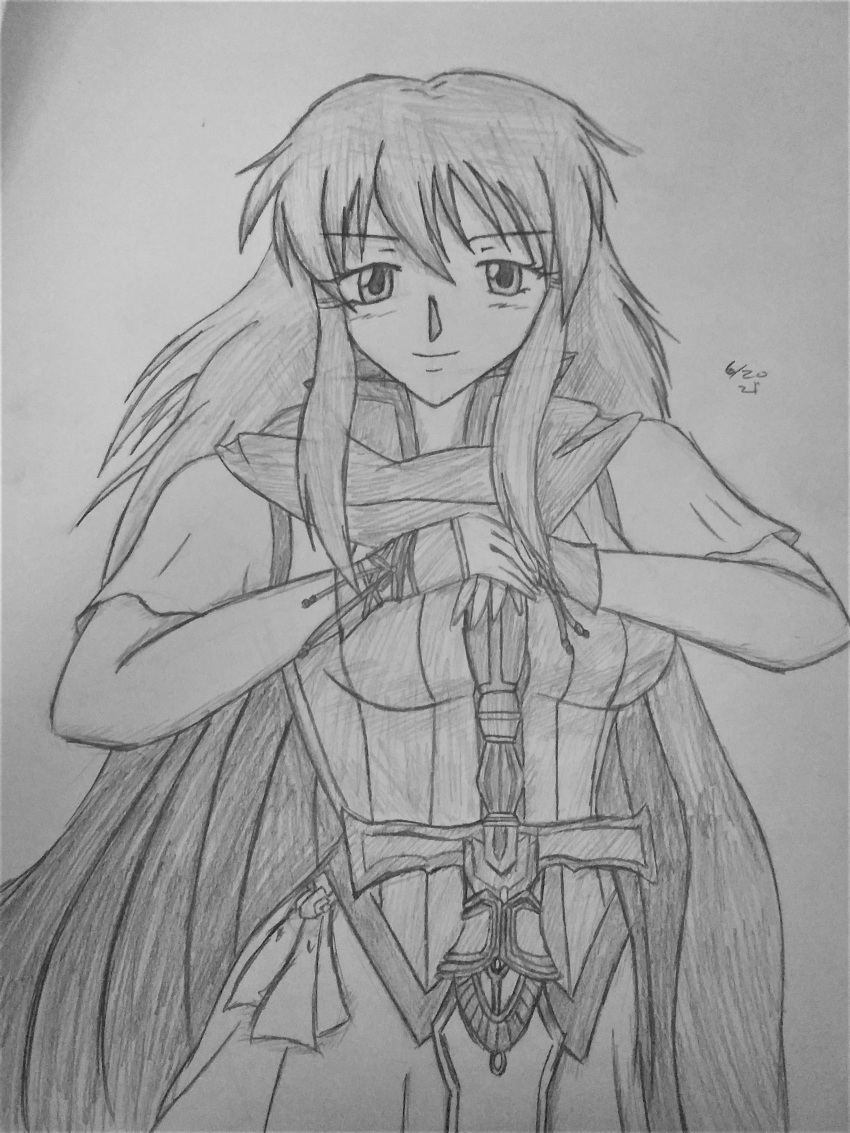 1girl absurdres cape fire_emblem highres mist_(fire_emblem) monochrome sketch smile solo sword weapon