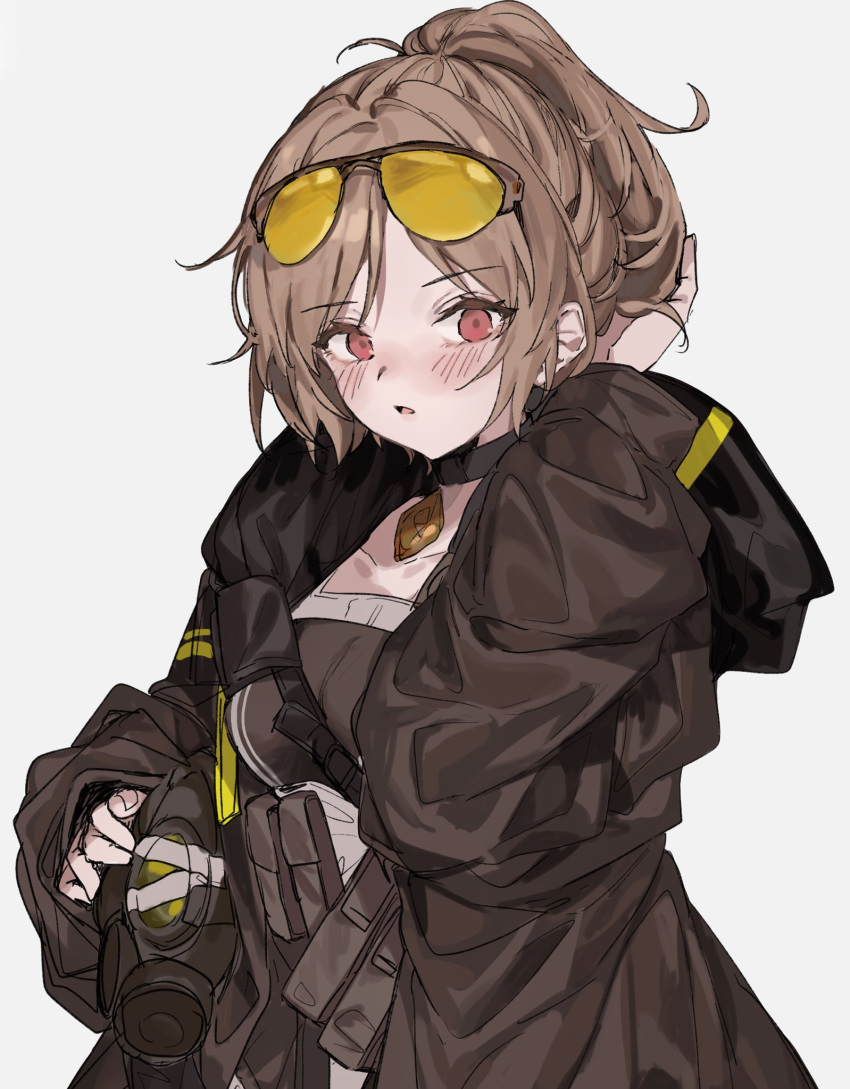 1girl alternate_hairstyle aogisa blush brown_hair choker coat gas_mask girls_frontline highres jacket p90_(girls_frontline) ponytail red_eyes simple_background solo sunglasses