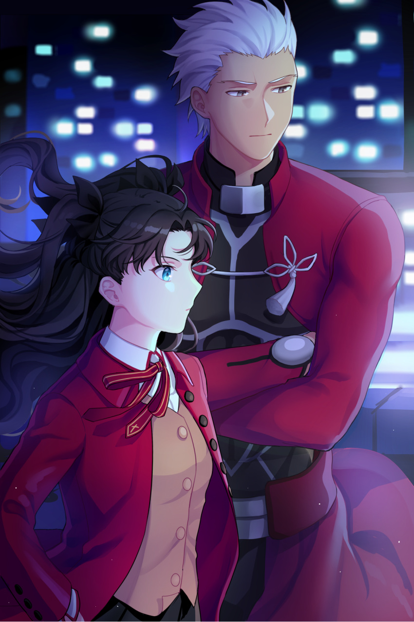 1boy 1girl archer_(fate) black_hair blue_eyes city crossed_arms dark-skinned_male dark_skin fate/stay_night fate_(series) highres long_hair mikkat mitakihara_school_uniform night school_uniform tohsaka_rin two_side_up white_hair