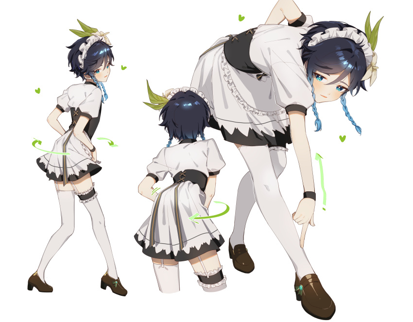1boy absurdres alternate_costume androgynous apron arrow_(symbol) bangs black_hair blue_hair blush braid commentary_request corset flower frilled_legwear frills garter_straps genshin_impact gradient_hair green_eyes hat hat_flower heart heart-shaped_pupils highres kkopoli leaf looking_at_viewer maid maid_apron maid_headdress male_focus multicolored_hair multiple_views open_mouth shoes short_hair_with_long_locks simple_background skirt smile symbol-shaped_pupils thigh-highs twin_braids venti_(genshin_impact) victorian_maid waist_apron white_background white_flower white_legwear wristband