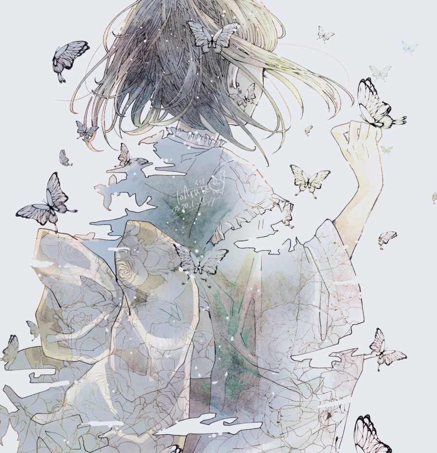 1girl back_bow bow bug butterfly dated frilled_kimono frills grey_background highres insect japanese_clothes kimono long_sleeves original print_kimono print_neckwear signature simple_background solo toaruocha upper_body white_butterfly wide_sleeves