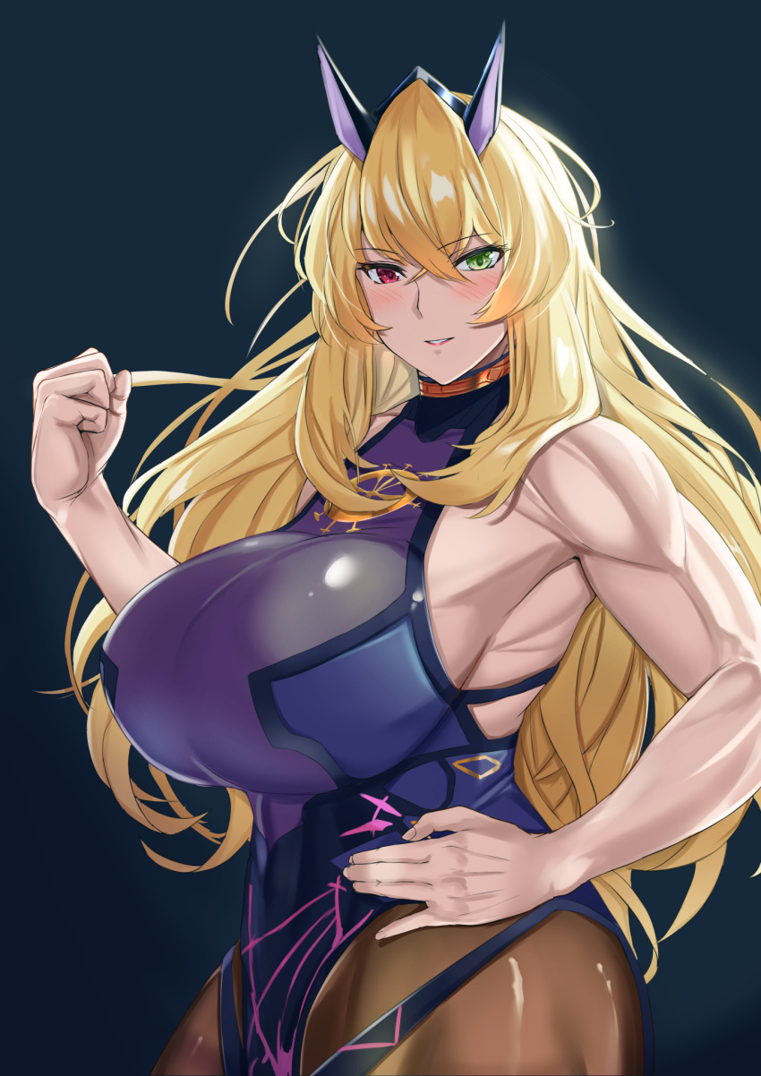 1girl abs bangs bare_shoulders biceps black_dress blonde_hair breasts brown_legwear dress fate/grand_order fate_(series) gawain_(fairy_knight)_(fate) green_eyes heterochromia highres horns large_breasts long_hair looking_at_viewer muscular muscular_female pantyhose pelvic_curtain red_eyes sideboob smile thighs toned yuhica