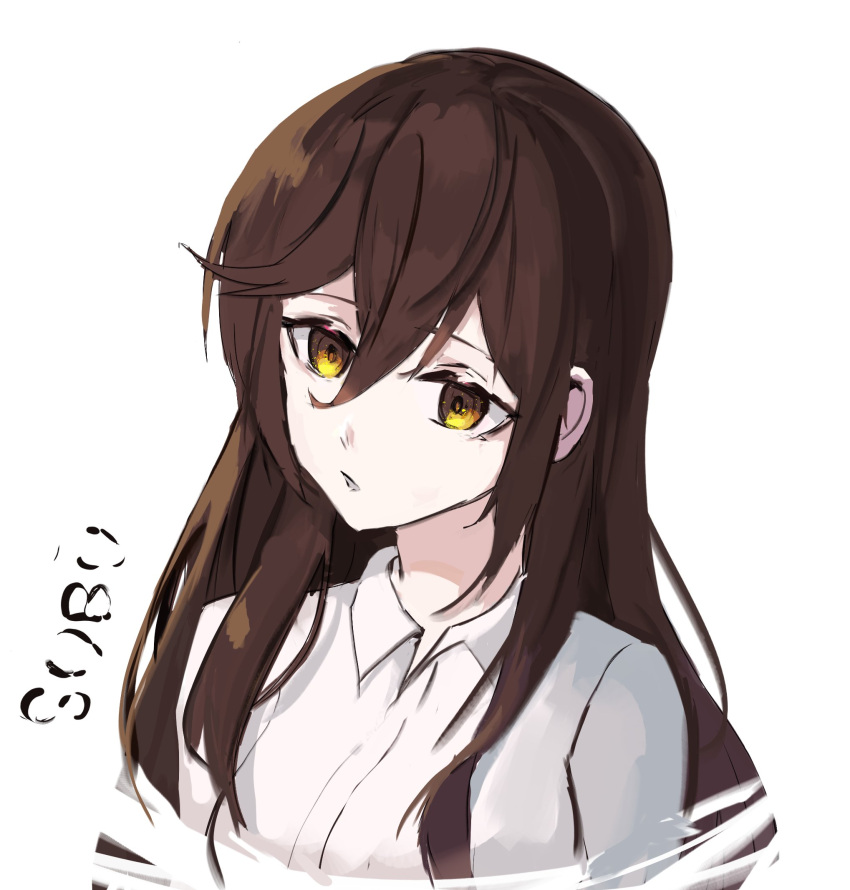 1girl brown_hair eyebrows_behind_hair hori_kyouko long_hair simple_background solo white_background yellow_eyes