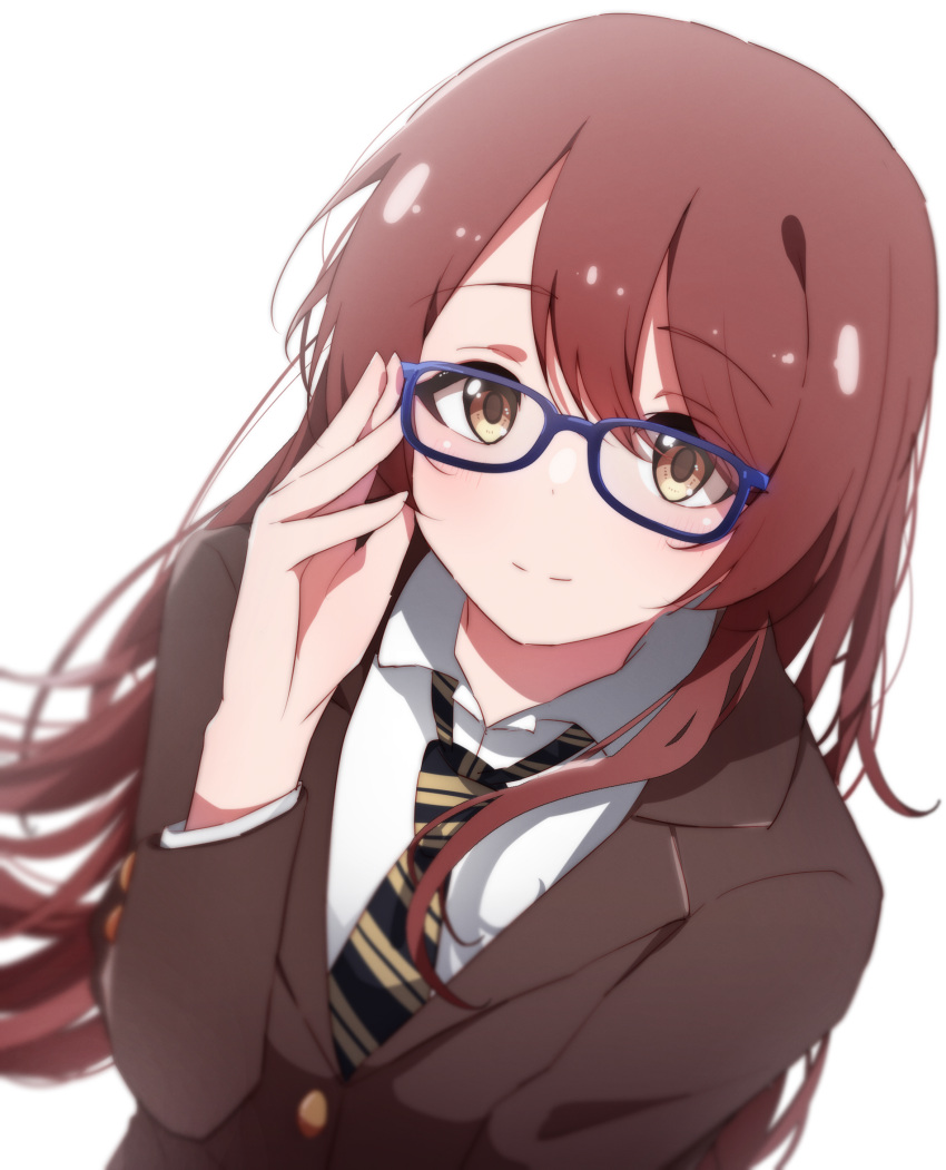 1girl adjusting_eyewear bangs brown_eyes brown_hair closed_mouth eyebrows_visible_through_hair glasses hair_between_eyes highres idolmaster idolmaster_shiny_colors long_hair long_sleeves looking_at_viewer looking_up necktie oosaki_tenka reikakrzk school_uniform shirt smile solo uniform white_shirt