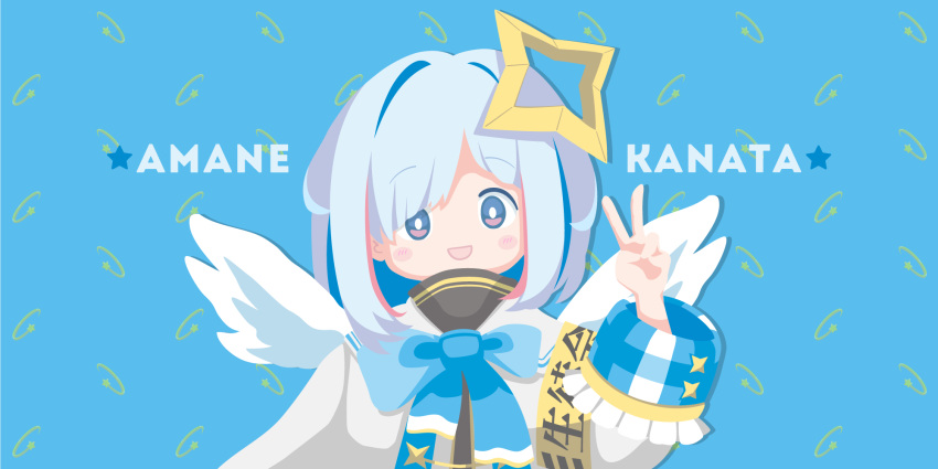 1girl amane_kanata angel angel_wings armband asymmetrical_bangs bangs blue_background blue_eyes blue_neckwear blush_stickers bob_cut bow bowtie character_name colored_inner_hair feathered_wings flat_color hair_over_one_eye halo highres hololive koru_koruno long_sleeves looking_at_viewer mini_wings multicolored_hair open_mouth sailor_collar short_hair silver_hair sleeve_cuffs smile solo star_(symbol) star_halo streaked_hair tareme turtleneck turtleneck_dress upper_body virtual_youtuber wide_sleeves wings
