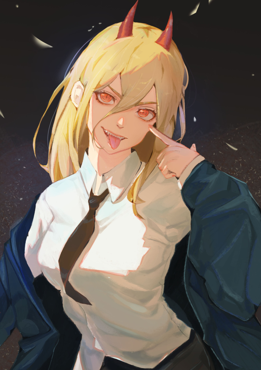 +_+ 1girl absurdres black_background black_neckwear black_pants blonde_hair blue_jacket breasts chainsaw_man collared_shirt commentary demon_horns dress_shirt eyelashes hair_between_eyes highres horns index_finger_raised jacket long_hair looking_at_viewer medium_breasts mospaints necktie off_shoulder open_clothes open_jacket open_mouth pants pointing pointing_at_self power_(chainsaw_man) red_eyes sharp_teeth shirt simple_background smile solo straight_hair teeth tongue tongue_out tsurime upper_body white_shirt wing_collar
