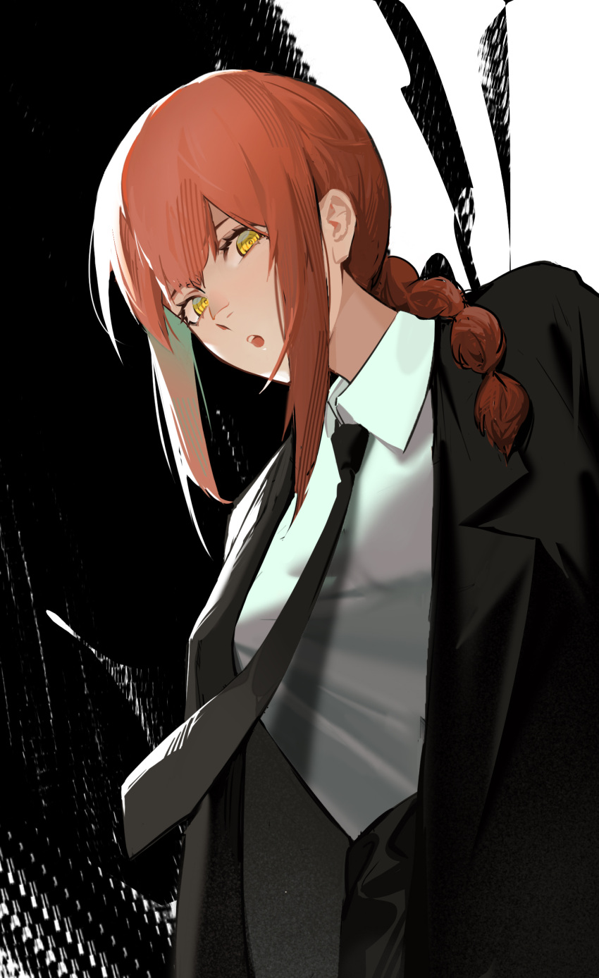 1girl absurdres black_background black_coat black_neckwear black_pants braid braided_ponytail breasts chainsaw_man coat collared_shirt commentary dress_shirt eyelashes formal highres looking_at_viewer makima_(chainsaw_man) medium_breasts medium_hair necktie open_clothes open_coat open_mouth pants redhead ringed_eyes rocher-hd shirt shirt_tucked_in sidelocks simple_background solo trench_coat two-tone_background upper_body white_background white_shirt wing_collar yellow_eyes