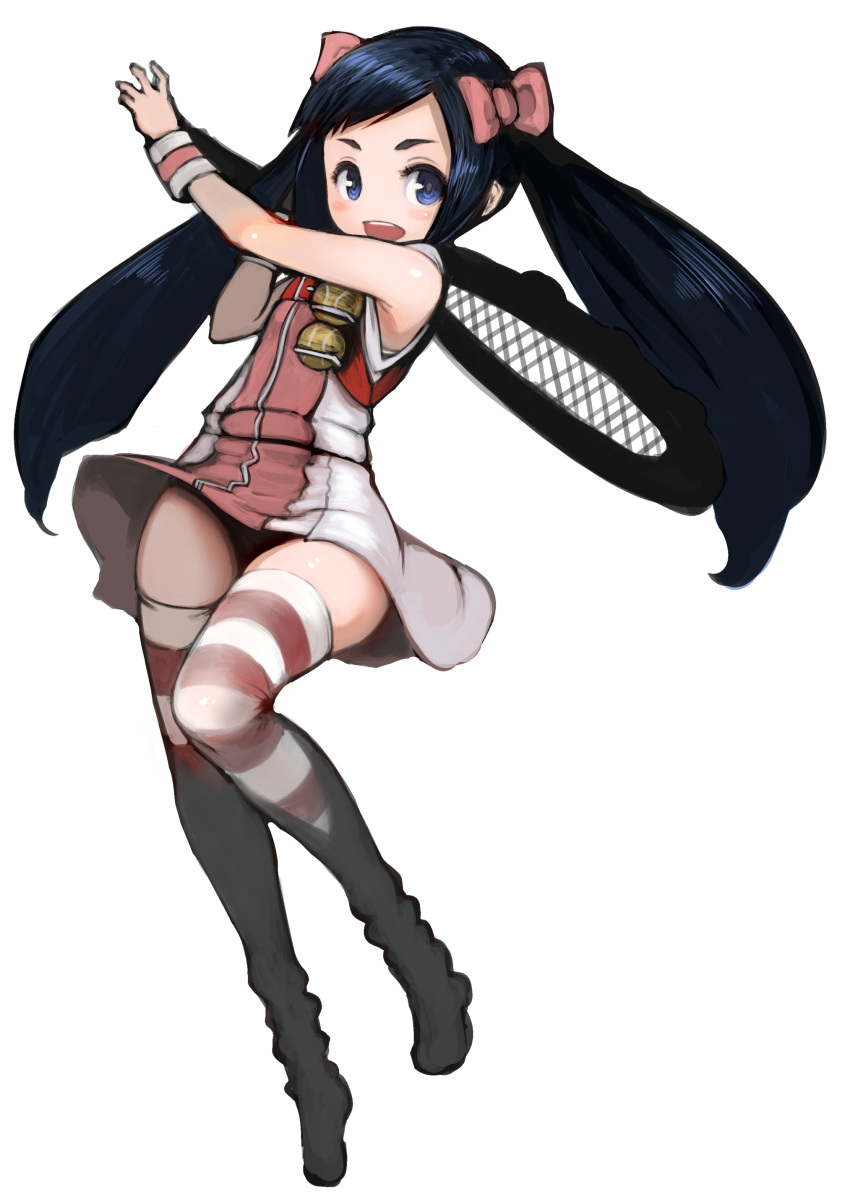 1girl :d absurdres ball bangs blue_eyes bow dark_blue_hair dress full_body hair_bow highres johan_(johan13) karuizawa_momo long_hair no_nose open_mouth pink_bow project_justice racket rival_schools short_dress simple_background smile solo striped striped_legwear swept_bangs teeth tennis_ball tennis_racket thigh-highs thighs twintails very_long_hair white_background zettai_ryouiki