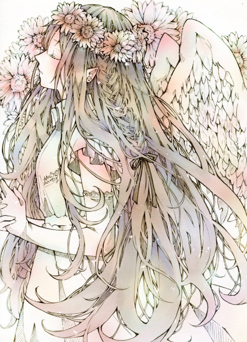 1girl blush braid brown_hair closed_eyes collared_dress dated dress earrings feathered_wings flower hair_flower hair_ornament highres jewelry long_hair original pointy_ears red_flower short_sleeves signature solo toaruocha upper_body white_dress white_wings wings