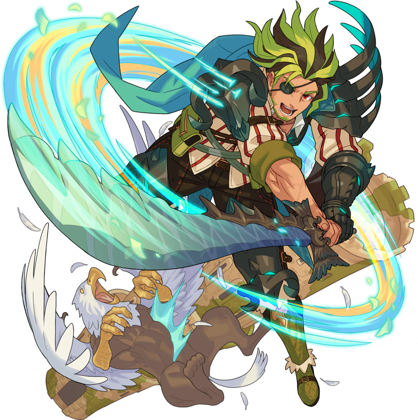 1boy aqua_cape armor artist_request bangs beard belt blank_eyes bone bone_weapon boots brown_hair cape claws collarbone collared_shirt dutch_angle eyepatch facial_hair feathers full_body gauntlets glowing greaves green_footwear green_hair happy highres hippogriff holding holding_sword holding_weapon jacket knee_boots leon_(world_flipper) light_trail looking_at_viewer male_focus medium_hair midair moss multicolored_hair non-web_source official_art open_mouth outstretched_arms pinstripe_pattern pouch red_eyes red_jacket shirt shoulder_armor sidelocks single_gauntlet smile solo spread_legs striped sword teeth tower transparent_background two-tone_hair v-shaped_eyebrows veins weapon white_shirt world_flipper yellow_eyes zipper
