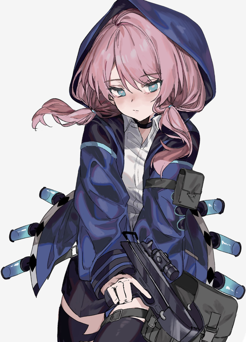 1girl aogisa arknights bangs black_choker black_legwear black_shorts blue_eyes blue_jacket blue_poison_(arknights) breasts choker cowboy_shot crossbow hair_between_eyes highres holding holding_crossbow holding_weapon hood hooded_jacket jacket long_hair long_sleeves looking_at_viewer low_twintails medium_breasts pink_hair pouch shirt shorts simple_background solo standing thigh-highs thigh_strap twintails weapon white_background white_shirt