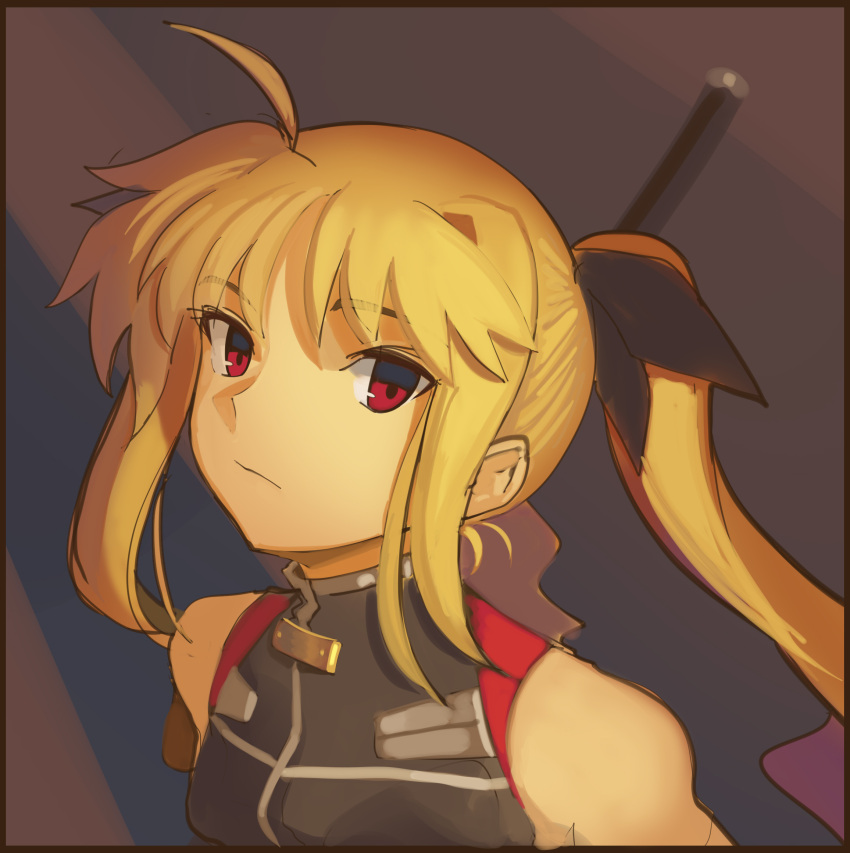 1girl ahoge blonde_hair boa_(brianoa) english_commentary fate_testarossa highres long_hair looking_at_viewer lyrical_nanoha mahou_shoujo_lyrical_nanoha polearm red_eyes solo turtleneck twintails upper_body weapon