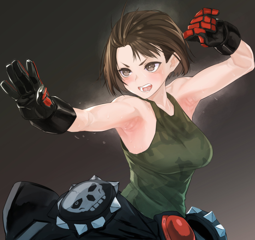 armpits black_background black_gloves brown_eyes brown_hair fighting_stance flying_sweatdrops gloves green_tank_top kazama_akira open_mouth outstretched_arm rival_schools ryu0120 scowl short_hair simple_background skull_print steam steaming_body street_fighter street_fighter_v sweat tank_top teeth