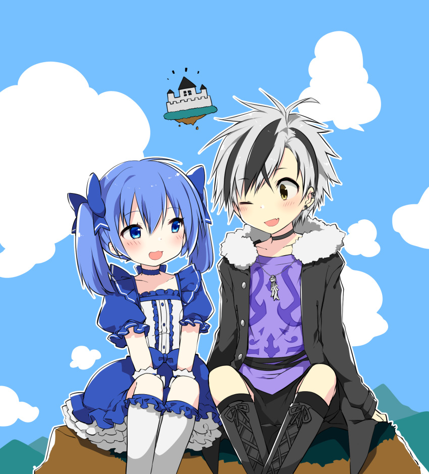 1boy 1girl :d ;d black_hair black_jacket black_legwear black_shorts blue_bow blue_dress blue_eyes blue_hair blue_sky blush boots bow brown_eyes clouds cross-laced_footwear crossed_legs day dress eye_contact fang frilled_legwear fur-trimmed_jacket fur_trim gloves grey_footwear grey_hair hair_bow highres jacket kamiyoshi_rika lace-up_boots long_sleeves looking_at_another multicolored_hair nijisanji one_eye_closed open_clothes open_jacket open_mouth outdoors outline puffy_short_sleeves puffy_sleeves purple_shirt shirt short_sleeves shorts sitting sky sleeves_past_wrists smile solo streaked_hair suzuki_masaru virtual_youtuber white_gloves white_legwear white_outline yuuki_chihiro