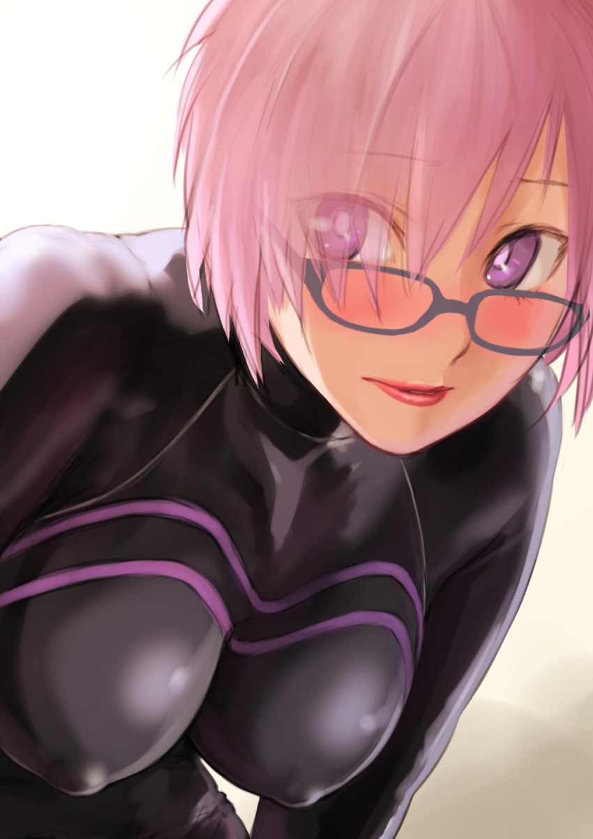 1girl bodysuit breasts fate/grand_order fate_(series) glasses highres kirie_kairi latex_bodysuit light_purple_hair lipstick looking_at_viewer makeup mash_kyrielight purple_hair red_lips short_hair simple_background skin_tight solo violet_eyes