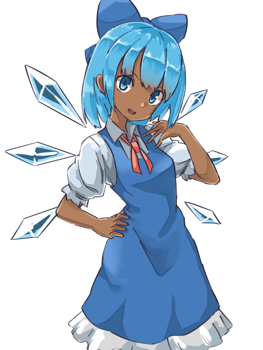 1girl annyui_(cookie) bangs blue_dress blue_eyes blue_hair bow cirno commentary cookie_(touhou) dark-skinned_female dark_skin dress feet_out_of_frame hair_bow highres ice ice_wings looking_at_viewer neck_ribbon nob1109 open_mouth pinafore_dress puffy_short_sleeves puffy_sleeves red_neckwear red_ribbon ribbon shirt short_hair short_sleeves simple_background solo tan tanned_cirno touhou white_background white_shirt wing_collar wings