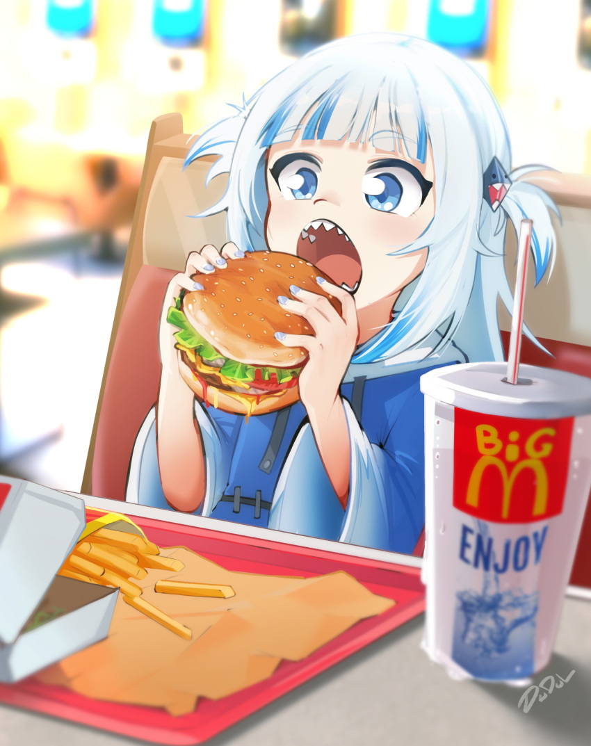 1girl absurdres artist_name bangs blue_eyes blue_hair blue_nails blunt_bangs blurry blurry_background burger commentary cup disposable_cup drinking_straw dudul eating english_commentary english_text eyebrows_visible_through_hair fast_food food french_fries gawr_gura hair_ornament hairclip highres holding holding_food hololive hololive_english indoors long_hair mcdonald's multicolored_hair nail_polish open_mouth sharp_teeth sitting solo streaked_hair table teeth tray two-tone_hair two_side_up virtual_youtuber white_hair wide_sleeves