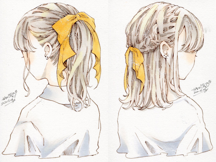 2girls bangs braid dated earrings facing_away french_braid from_behind hair_ribbon highres jewelry multiple_girls original ponytail ribbon shirt signature simple_background toaruocha white_background white_shirt yellow_ribbon