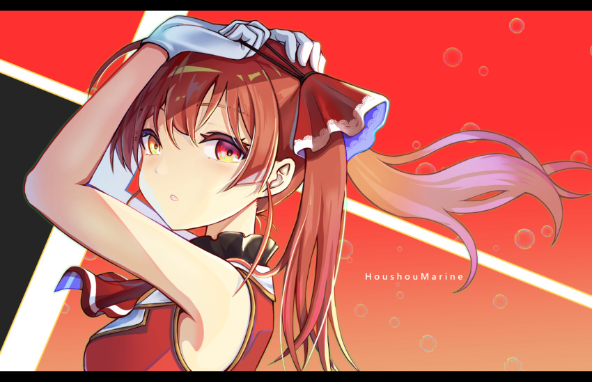 1girl :o arm_up bangs breasts character_name countlen from_side gold_trim hair_ribbon heterochromia hololive houshou_marine jacket large_breasts long_hair parted_lips red_eyes red_jacket red_ribbon redhead ribbon sleeveless sleeveless_jacket solo surprised twintails tying_hair virtual_youtuber yellow_eyes