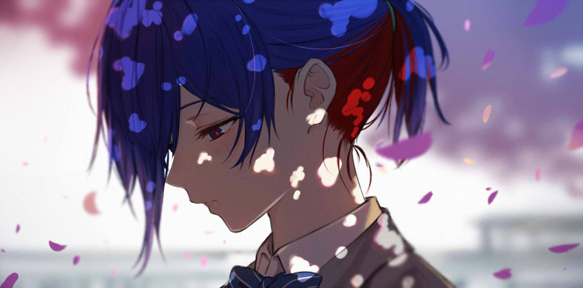 1girl blue_hair blurry blush bow bowtie cherry_blossoms close-up collared_shirt depth_of_field expressionless highres isshiki_(ffmania7) kamitsubaki_studio multicolored multicolored_eyes multicolored_hair petals ponytail redhead rim_(kamitsubaki_studio) shirt short_hair solo two-tone_hair upper_body virtual_youtuber yellow_pupils