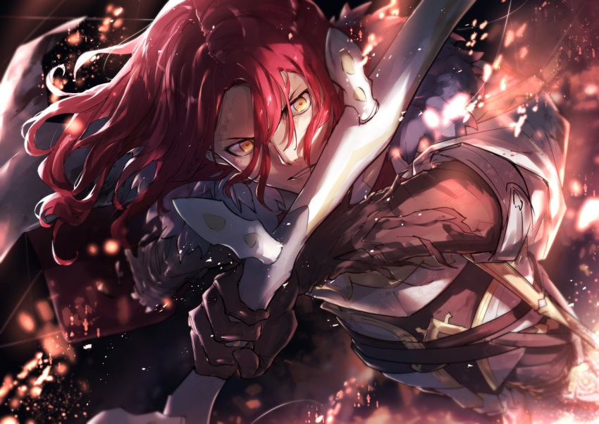 1boy black_gloves bow_(weapon) cape failnaught_(fate) fate/grand_order fate_(series) fire gloves holding holding_bow_(weapon) holding_weapon long_hair male_focus redhead sabamori tristan_(fate) weapon yellow_eyes