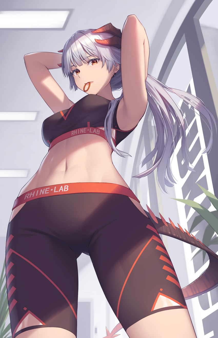 1girl arknights arms_up athrun1120 bangs bike_shorts black_shorts breasts brown_eyes commentary_request cowboy_shot crop_top hair_tie_in_mouth highres horns indoors long_hair looking_at_viewer medium_breasts midriff mouth_hold navel saria_(arknights) shorts silver_hair solo sports_bra standing stomach tail