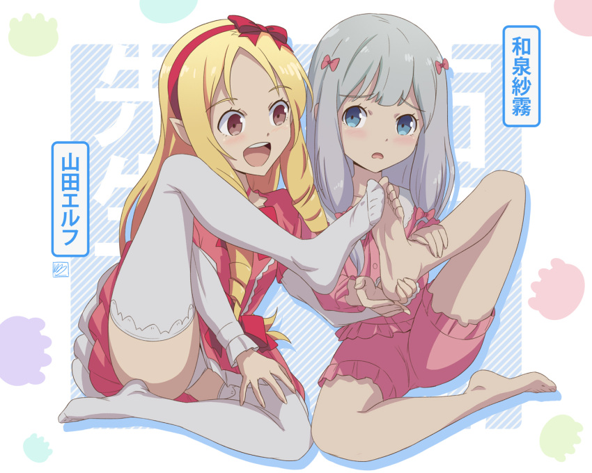 2girls background_text bangs barefoot blonde_hair blue_eyes blunt_bangs blush bow brown_eyes commentary conejologia dress drill_hair eromanga_sensei eyebrows_visible_through_hair frilled_dress frills full_body grey_hair hair_bow hairband highres holding_own_foot izumi_sagiri leg_up long_hair long_sleeves looking_at_another looking_to_the_side low-tied_long_hair multiple_girls open_mouth pajamas patterned_background pink_bow pink_dress pink_pajamas pointy_ears red_bow sitting smile thigh-highs translation_request twin_drills upper_teeth white_legwear yamada_elf